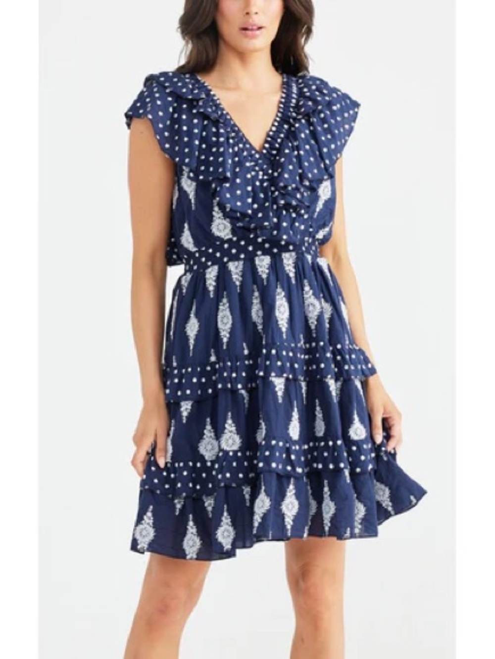 Talisman Navy Printed Ruffle V-Neck Dress